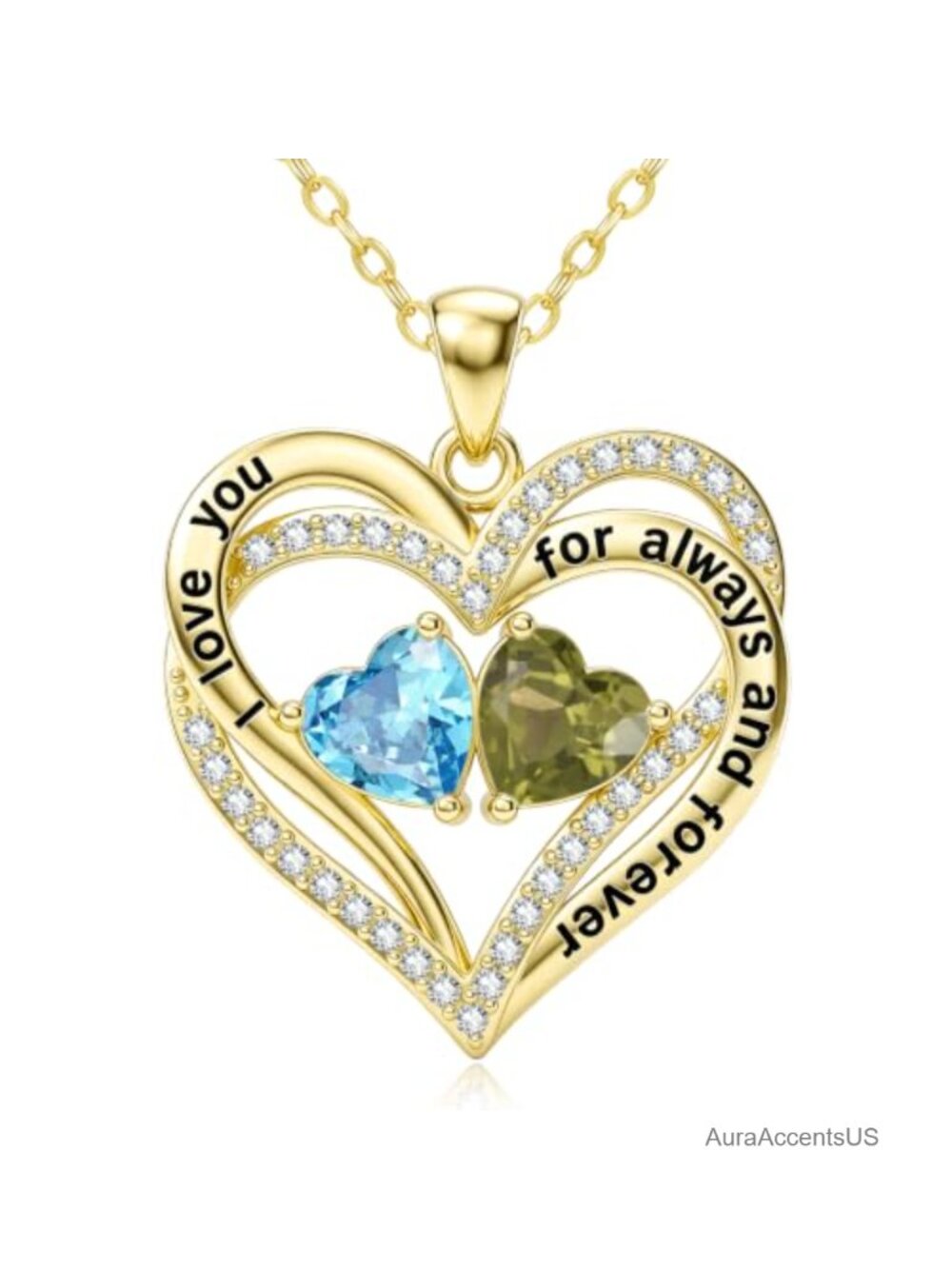 14K Gold Double Heart Birthstone Pendant Necklace for Women Gift